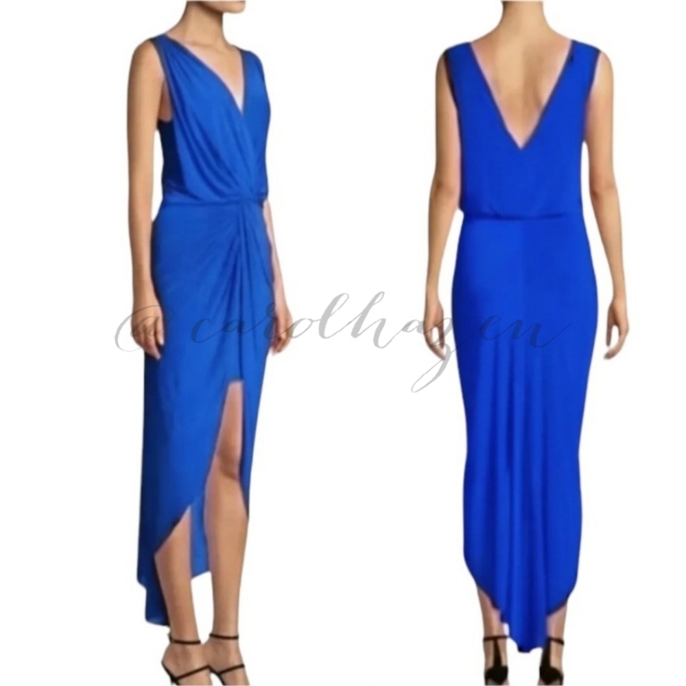 Misa Los Angeles Leza MAXI  Dress Tulip Ruched COBALT BLUE Luxury Goddess
